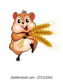 Little cute hamster running with three ears of wheat. Vector illustration isolated on white background