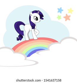 Little cute hand drawn cartoon character pony unicorn isolated on the rainbow with white background. my little pony friendship svg