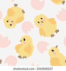 Little cute hand drawn chicks with rosy cheeks and egg shells in colors of yellow, brown, black and pink on off white background. Adorable kids design. Seamless vector pattern. Great for home decor.