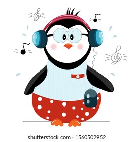 Little cute hand drawn chubby penguin . Penguin with headphones. Vector 

illustration. 
