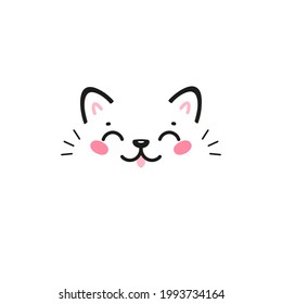 Little Cute Happy Cat Drawing for T-shirt Print Design for Kids . Doodle Kitten Face. Scandinavian Poster with Cartoon Kawaii Animal Vector illustration