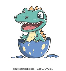 Little cute happy dino in egg. Kid dinosaur. Vector illustration isolated on a white background