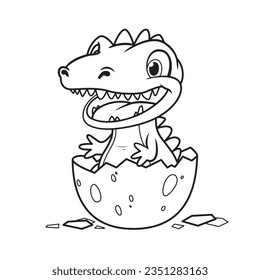 Little cute happy dino in egg. Kid dinosaur for coloring book. Vector illustration isolated on a white background