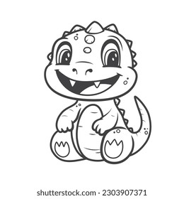 Little cute happy dino. Kid dinosaur for coloring book. Vector illustration isolated on a white background
