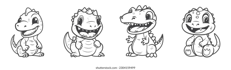 Little cute happy dinos set. Collection of Kids dinosaurs for coloring book. Vector illustration isolated on a white background