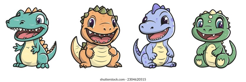 Little cute happy dinos set. Kid dinosaurs for stickers or t-shirts. Vector illustration isolated on a white background