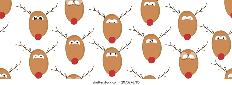 Little cute happy fawn with a red nose on a white background. Seamless pattern.