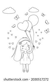 Little cute happy girl holding balloons. Black contour vector illustration isolated on white background for coloring book. Easy printable.