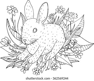 little cute hare sitting in the grass, hand drawn vector illustration