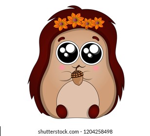 Little cute hedgehog with acorn and flowers on the head.