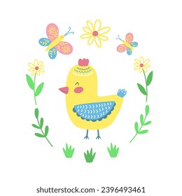 Little cute hen with flowers and buterfly. Happy Easter decor. Vector illustration.