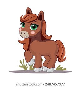 Little cute horse. Little baby horse. A friendly little horse with big eyes. Nice character graphics made in vector graphics. Illustration for a child.