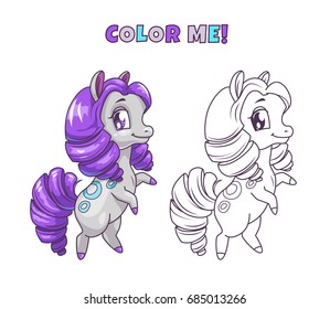 Little cute horse illustration for coloring book design. Vector colorful and outline pony icons on white background.