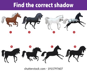 Little cute horses. Child's puzzle, find the correct shadow. Puzzle games with children. Horses of different breeds. Cartoon vector illustration isolated.