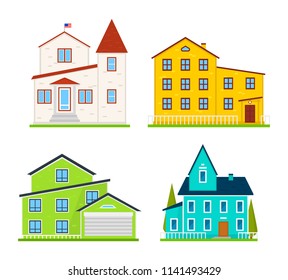 Little cute house or apartments. Family american townhouse. Neighborhood with cozy homes. Traditional Modern cottage for infographics or application interface. Building vector illustration. Flat style