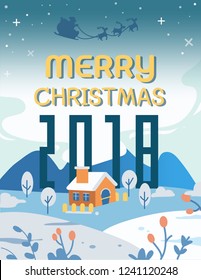 the little cute house theme christmas in 
meadow with flower . shadow of santa in behide and number 2018