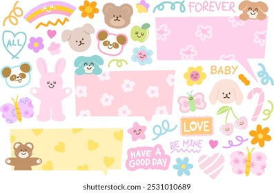 Little cute illustrations of panda, teddy bear, puppy, bunny, butterfly, flowers, heart, candy cane, fruits, text bubbles for cartoon, dialogue, animals, zoo, souvenir, pet shop, vet, floral print