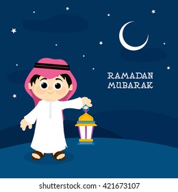 Little Cute Islamic Boy in Traditional dress, holding Lantern on Desert, Night Background for Holy Month of Prayer, Ramadan Mubarak.