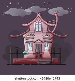 a little cute isolated lilac house with not ordinary roof for digital illustrations, stickers, cards, post, prints. The house is small and charming, painted in a soft lilac color