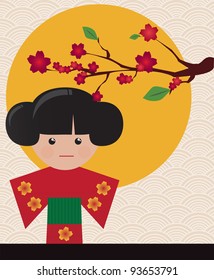 Little cute Japanese geisha character card with place for text, vector