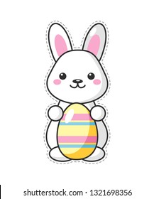 Little cute kawaii Easter bunny with color egg. Beautiful Kawaii vector illustration for greeting card/poster/sticker.