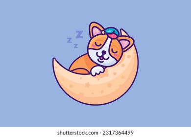 Little cute kid dog sleeps sweetly in crescent moon bed. Peaceful rest of baby animal. Vector cartoon illustration in thick stroke isolated on lilac night background