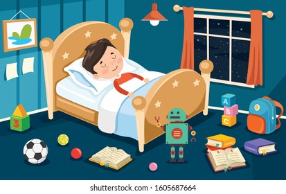 Little Cute Kid Sleeping At Bed