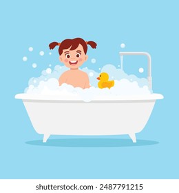 Little cute kid take a bath in the bathtub. Vector illustration