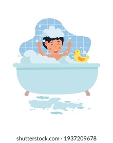 Un niño pequeño y lindo se lava en el baño. Un niño feliz está jugando con un pato de juguete amarillo en jabón. Concepto de higiene infantil. El acogedor interior del cuarto de baño. Ilustración vectorial de dibujos animados planos