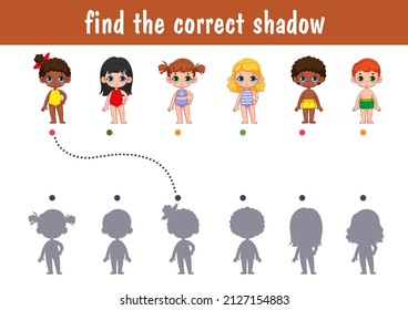 Little cute kids, boys and girls in swimsuits. Find the correct shadow. Educational game for children. Cartoon vector illustration