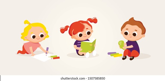 Little cute kids drawing and reading. Art class lessons. Children's activities. Set of kids in various poses.Kids at the art classes.