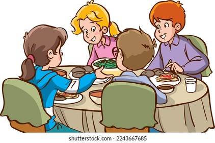 little cute kids eating together cartoon vector illustration