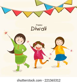 Little cute kids holding fire crackers and stylish text of Diwali for Diwali celebration on beige background.