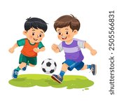 Little cute kids playing football or soccer on grassy surfaces and having fun. Both are running happily toward the football, with big smiles on their faces. Vector illustration