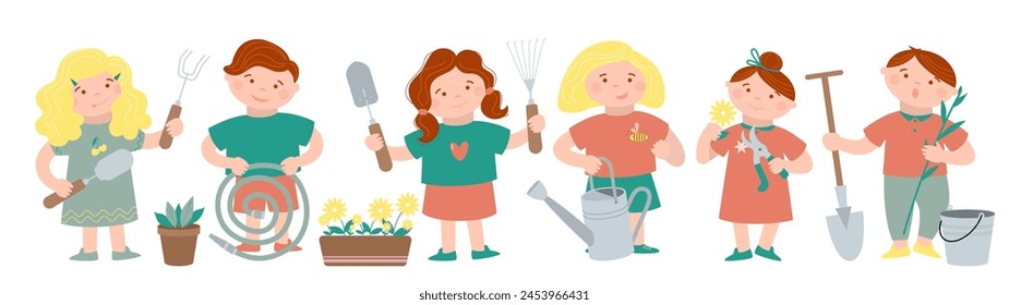 Little cute kids, pupils or school children are gardening with garden tools as bucket, shovel, pot with plant, watering hose, can, rake, trimmer. Vector cartoon illustration.
