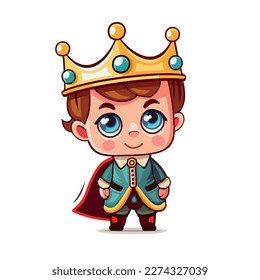 Little Cute King with Crown. Cartoon Style on White Background. Vector