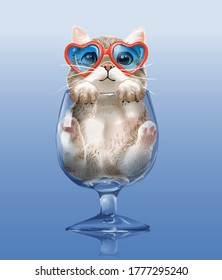 little cute kitten in clear vine glass illustration