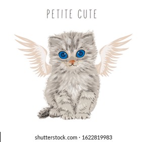 Little cute kitten in the form of an angel. For greeting cards and design.