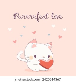 little cute kitten holding a heart, perfect love, cat lovers, baby animal love, cartoon