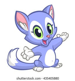 Little cute kitten pointing his hand. Blue fluffy cat sitting. The concept of children's and educational books. Vector Illustration.