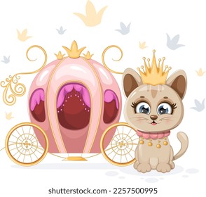 A little and cute kitten princess with crown near carriage