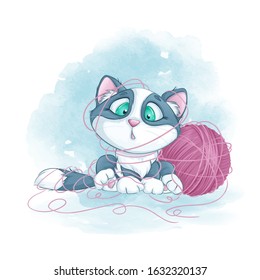 Little cute kitten tangled in a ball of yarn. Vector cartoon children character on a watercolor background.