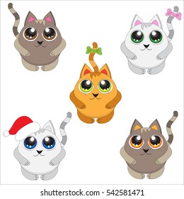 Little cute kittens with big eyes and bow and hat