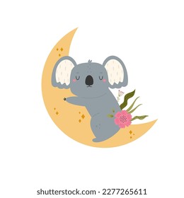 Little cute koala sleeping on the moon. Adorable animal vector design, illustration.