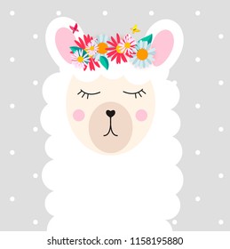 Little cute lama princess with crown and flowers  for card and shirt design. Vector Illustration EPS10