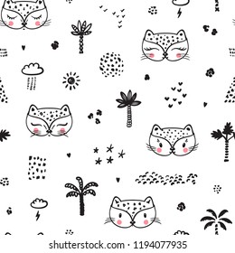 Little cute leopard cat with Palm trees, spots and nature design elements Seamless Pattern for kids. Doodle kitten face. Cat head. Cartoon Animal Vector illustration in Scandinavian style