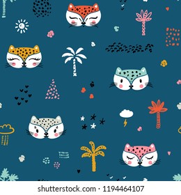 Little cute leopard cat with Palm trees, spots and nature design elements Seamless Pattern for kids. Doodle kitten face. Cat head. Cartoon Animal Vector illustration in Scandinavian style