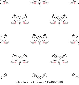 Little cute leopard cat Seamless Pattern for kids. Doodle kitten face. Cat head. Cartoon Animal Vector illustration in Scandinavian style