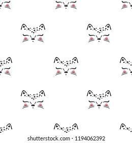 Little Cute Leopard Cat Seamless Pattern For Kids. Doodle Kitten Face. Cat Head. Cartoon Animal Vector Illustration In Scandinavian Style