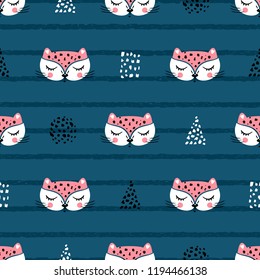 Little cute leopard cat Seamless Pattern for kids. Doodle kitten face. Cat head. Cartoon Animal Vector illustration in Scandinavian style